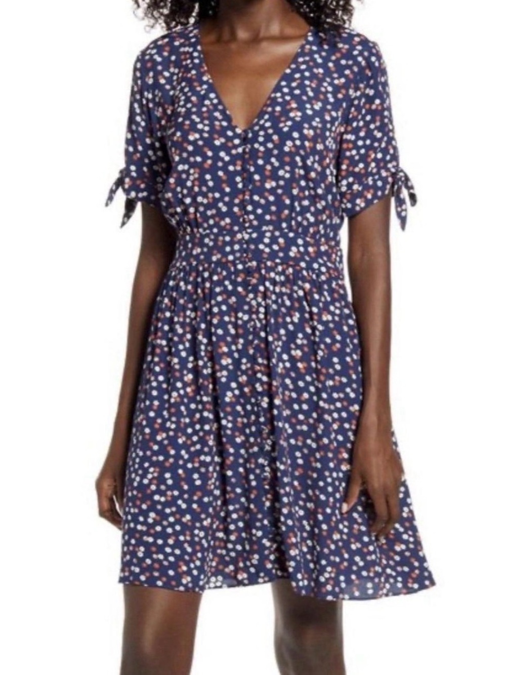 Madewell Navy Floral V‑Neck Tie Sleeve Dress